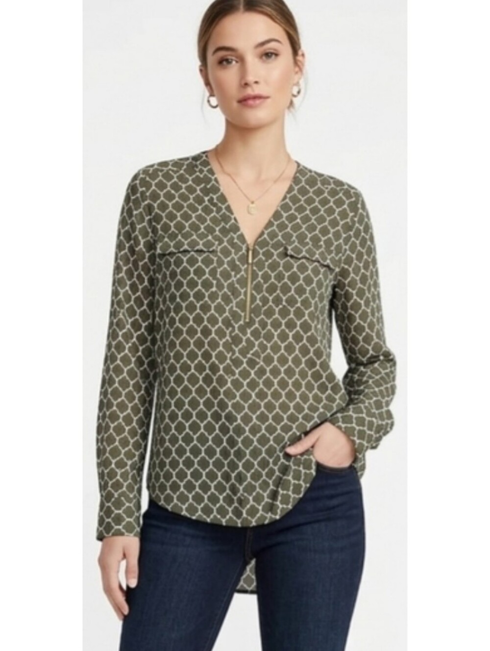 Express Two Pocket Half Zip Front Moroccan Geometric Print Popover Top